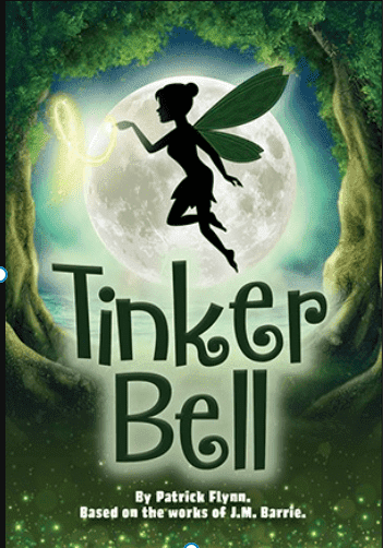 Silhouette of Tinker Bell with a glowing moon and enchanted forest background.